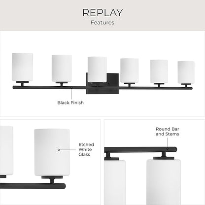Progress Lighting Replay Collection 48 in. 6-Light Textured Black Etched White Glass Modern Bath Vanity Light