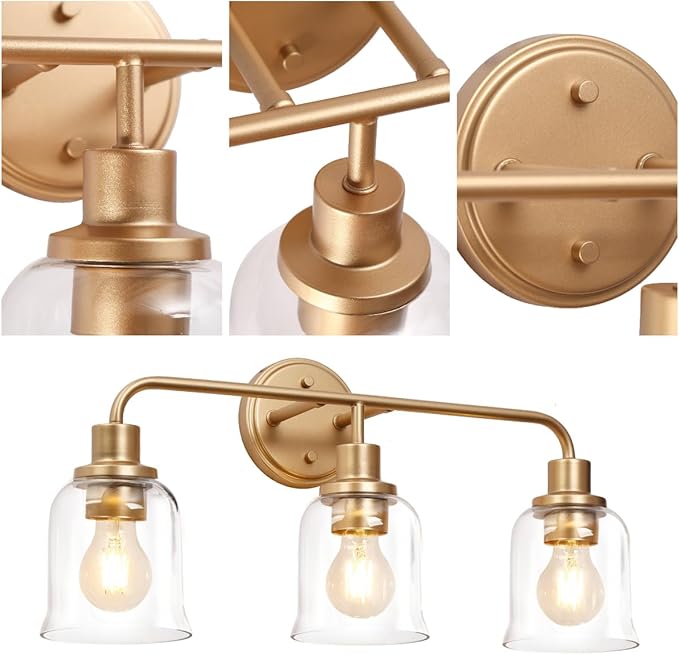 KSANA Gold Bathroom Vanity Light Fixtures with Clear Glass Shade, 3-Light Modern Bathroom Vanity Lights Over Mirror, 22.8”x7.3”x10.8”
