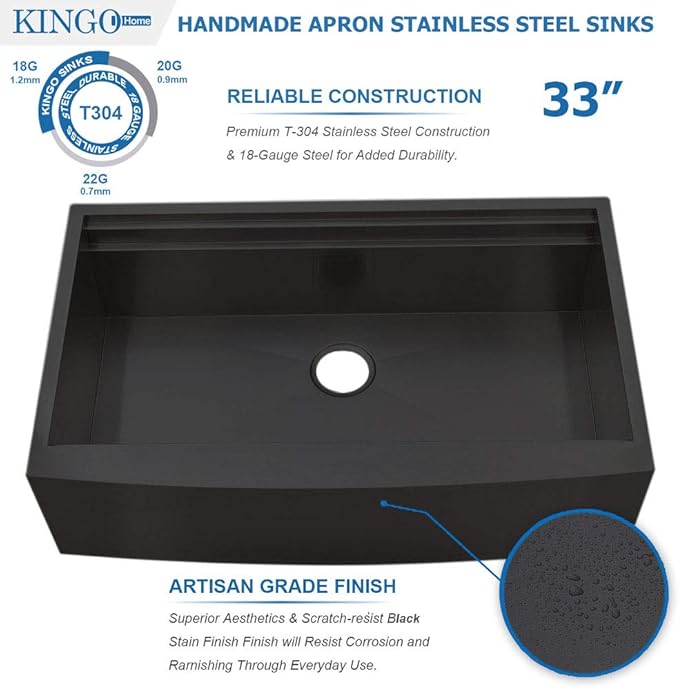 KINGO HOME 33 inch Black Farmhouse Sink, 16 Gauge Double Ledges Stainless Steel Farmhouse Kitchen Workstation, Apron Front Deep Single Bowl Kitchen Farm Farmer Style Sinks 33"x20"x9