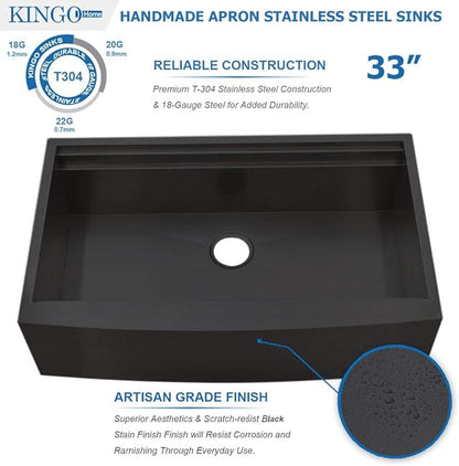 KINGO HOME 33 inch Black Farmhouse Sink, 16 Gauge Double Ledges Stainless Steel Farmhouse Kitchen Workstation, Apron Front Deep Single Bowl Kitchen Farm Farmer Style Sinks 33"x20"x9