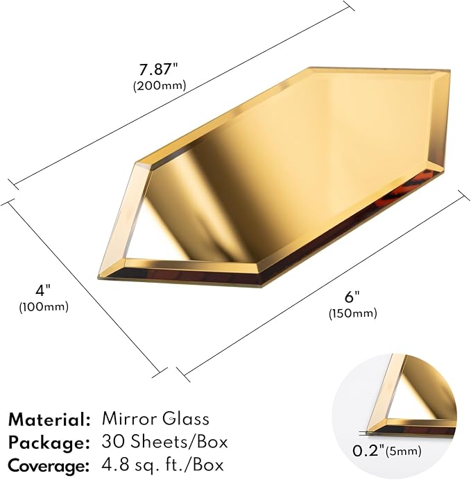Peel and Stick Beveled Mirror Tile, Mirror Backsplash for Kitchen Bathroom Wall, 4x7.87 Inches Hexagon, Gold (30 Pcs, 4.8 SQ.FT.)
