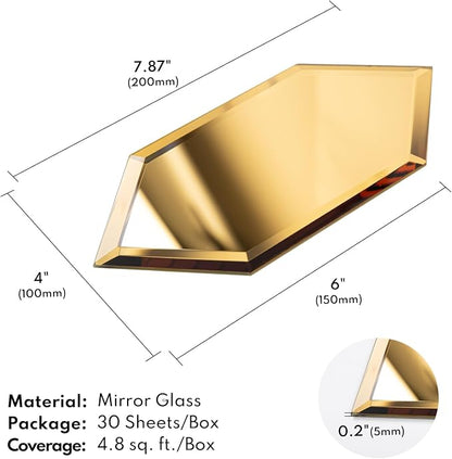 Peel and Stick Beveled Mirror Tile, Mirror Backsplash for Kitchen Bathroom Wall, 4x7.87 Inches Hexagon, Gold (30 Pcs, 4.8 SQ.FT.)