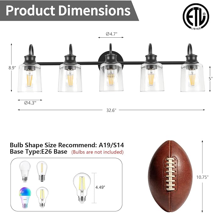 5 Lights Bathroom Light Fixtures Modern Black Vanity Lights | ETL Certificate, Easy to Install,Wall Mount Up or Down,Thickened Glass Lampshade,E26 Socket,Hardwired