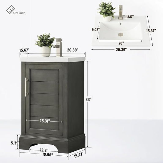 HOMEBEYOND 20 Inch Bathroom Vanity with Single Sink & Ceramic Top, Vanity Cabinet with Center Countertop Basin, Soft-Closing Doors, Sliver Grey
