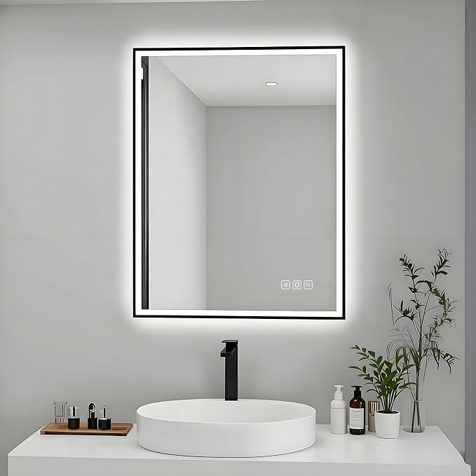 20x28 inches Rectangular Aluminum Black Framed LED Mirror, Smart Bathroom Mirror with Lights, Anti-Fog, Tempered Glass, 3 Colors Dimmable, Front and Backlit, Wall Mounted, Memory