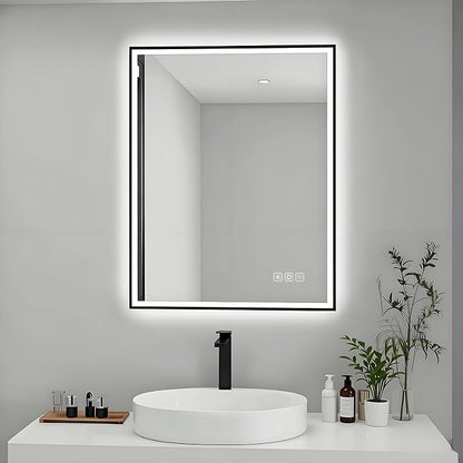 20x28 inches Rectangular Aluminum Black Framed LED Mirror, Smart Bathroom Mirror with Lights, Anti-Fog, Tempered Glass, 3 Colors Dimmable, Front and Backlit, Wall Mounted, Memory