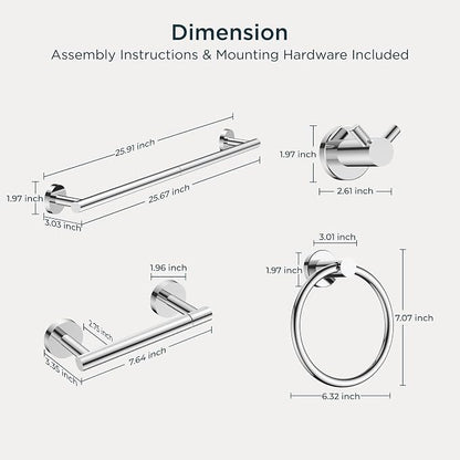 FORIOUS Bathroom Accessories, 4-Piece Bathroom Hardware Set - 24" Towel Bar | Chrome | Towel Hooks, Towel Racks for Bathroom, Toilet Paper Holder Wall Mounted & Towel Ring | SUS304 Stainless Steel