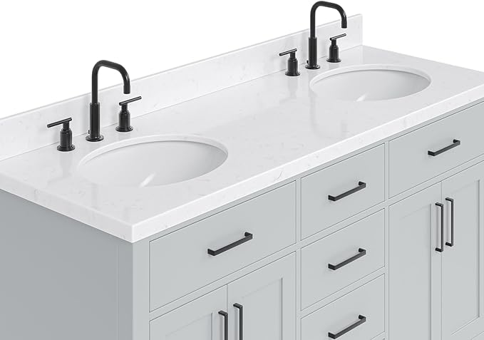 ARIEL Hepburn 60-inch Bathroom Vanity with Sink,Solid Wood, 1.5-inch Carrara White Quartz Countertop & Backsplash, Double Oval Porcelain Sink, 4 Soft Closing Doors, 6 Dovetail Drawers, Grey