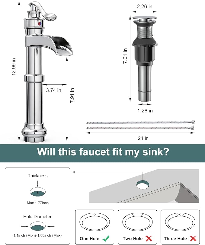 BWE Vessel Sink Faucet Waterfall Tall Chrome Bathroom Faucet | Single Handle 1 Hole Brass Countertop Lavatory Vanity Mixer Tap with Pop Up Drain and Supply Lines for RV Bar No Overflow