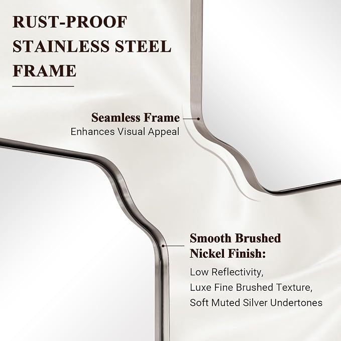 30"x30" Brushed Nickel Square Mirror, Silver Bathroom Mirror for Over Sink, Modern Scallop Mirror in Anti-Rust Stainless Steel Frame, Unique Notched Corner Design, Ideal for Home Remodel