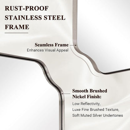 32x40 Brushed Nickel Scalloped Bathroom Wall Mirror | Anti-Rust Stainless Steel Thin Frame, Unique Scalloped Edges, Contemporary Decor for Bathroom, Horizontal or Vertical