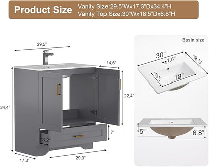30 inch Bathroom Vanity with Sink, Modern Grey Vanity for Bathroom with Undermount Ceramic Sink, Freestanding 2-Door & 1-Drawer Storage Cabinet, for Small Bathroom Space, (Grey, 30")