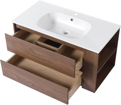 Henf 36 Inch Wall Mount Bathroom Vanity W/Sink Combo, Modern Design Vanity Cabinet with Gel Basin, Floating Mounting Bathroom Cabinet Set with 2 Drawer and Adjustable Storage Shelf,Brown