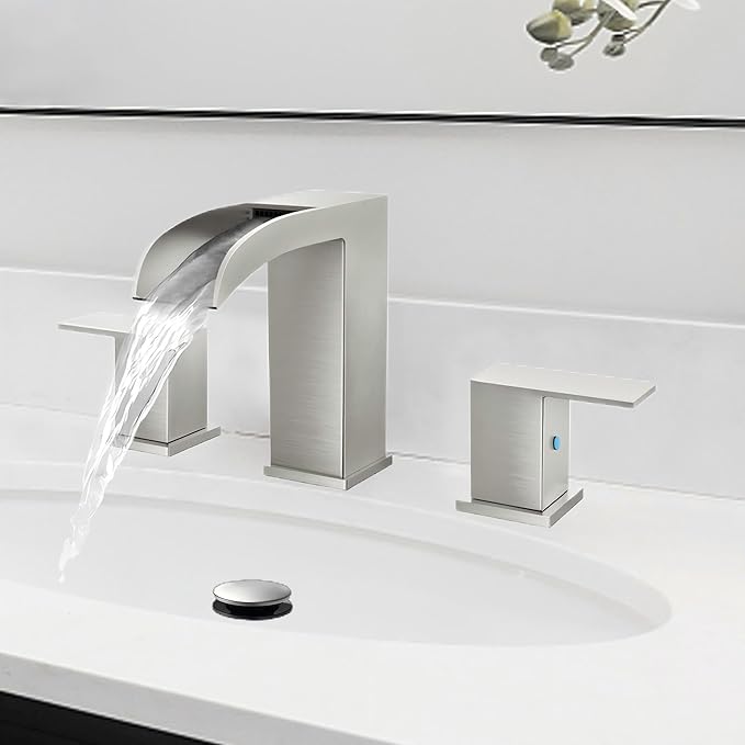 Waterfall Bathroom Faucets for Sink 3 Hole - Brushed Nickel Waterfall Bathroom Faucet 8 Inch Widespread Faucet Bathroom 2-Handles Modern Vanity Faucets with Overflow Pop Up Drain Supply Lines