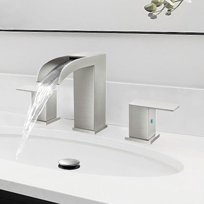 Waterfall Bathroom Faucets for Sink 3 Hole - Brushed Nickel Waterfall Bathroom Faucet 8 Inch Widespread Faucet Bathroom 2-Handles Modern Vanity Faucets with Overflow Pop Up Drain Supply Lines