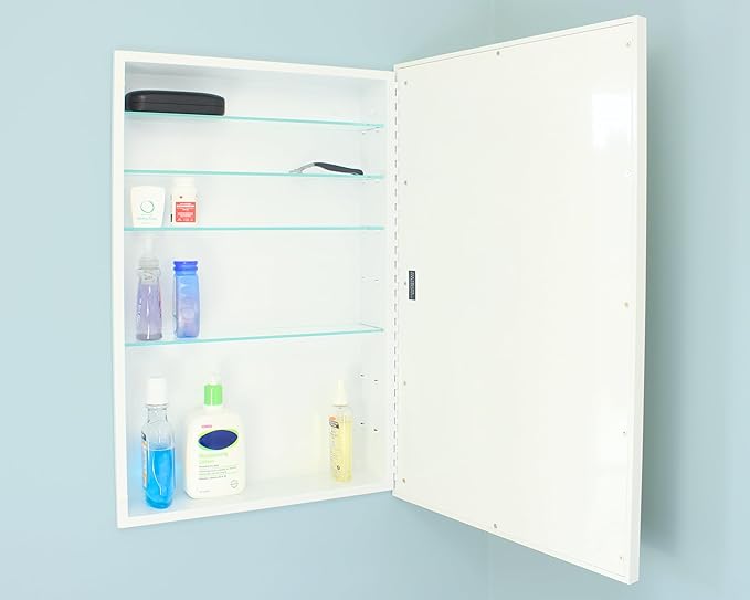 Fox Hollow Furnishings 20x30 Parker Metro Metal Framed Rectangle Recessed Bathroom Medicine Cabinet, Floating Mirror, 14x24 in-Wall Opening, Steel, Adjustable Glass Shelves, Magnet Close, White
