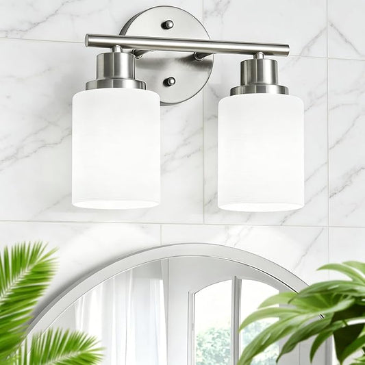 2-Light Vanity Lights, Brushed Nickel Bathroom Light Fixture with Striped Textured Milky White Glass Shade, E26 Modern Vanity Lighting Fixture for Bathroom Wall Sconce Light Over Mirror