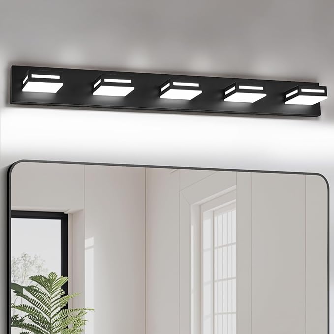 LED Modern Bathroom Light Fixtures, 5-Light 40-Inch Matte Black Vanity Lights for Bathroom Lighting Fixtures Over Mirror, 350° Rotatable Acrylic, 6000K Cool White Wall Lamp