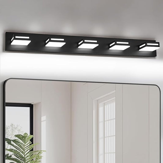 LED Modern Bathroom Light Fixtures, 5-Light 40-Inch Matte Black Vanity Lights for Bathroom Lighting Fixtures Over Mirror, 350° Rotatable Acrylic, 6000K Cool White Wall Lamp