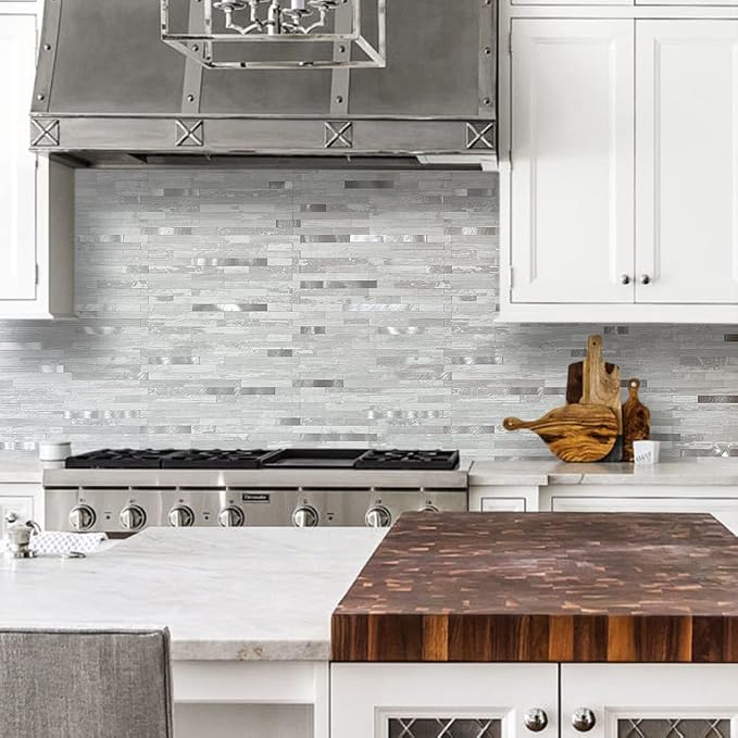 DICOFUN 10-Sheet Peel and Stick Backsplash Tile, White Birch PVC Mixed Metal Stick on Backsplash Tiles for Kitchen, 9.4 sq.ft