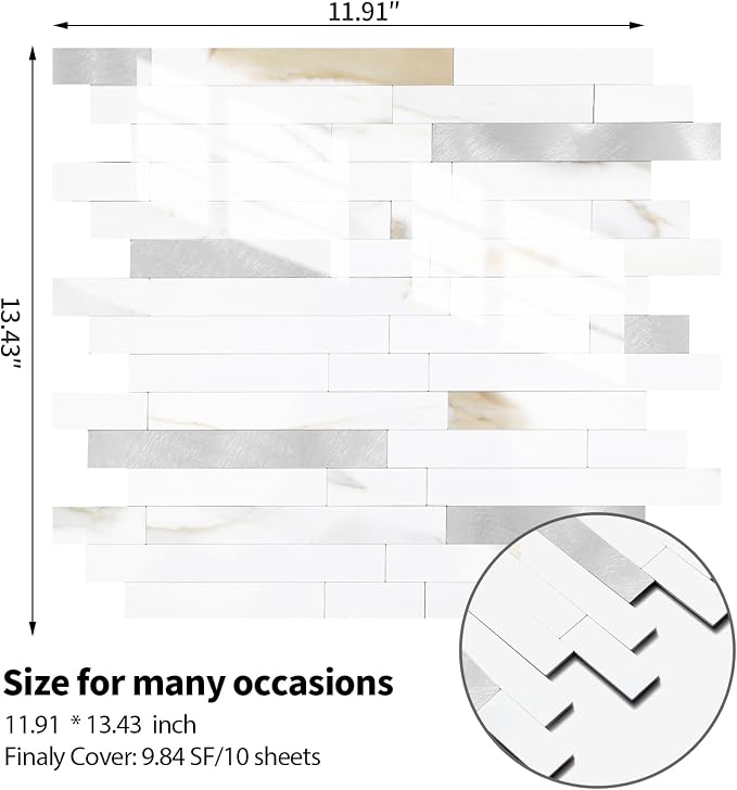 Yipscazo 1 Sheet Peel and Stick Stone Metal Tile Backsplash, Stick on Tiles for Backsplash Kitchen, Bathroom, Laundry Room, Camper, Fireplace (12'' X 12'', Polished Marble)