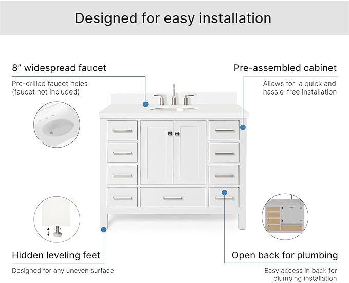 ARIEL Cambridge 42-inch Bathroom Vanity with Sink,Solid Wood, 1.5-inch Pure White Quartz Countertop & Backsplash, Single Oval Porcelain Sink, 2 Soft Closing Doors, 9 Dovetail Drawers, White