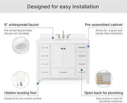 ARIEL Cambridge 42-inch Bathroom Vanity with Sink,Solid Wood, 1.5-inch Pure White Quartz Countertop & Backsplash, Single Oval Porcelain Sink, 2 Soft Closing Doors, 9 Dovetail Drawers, White