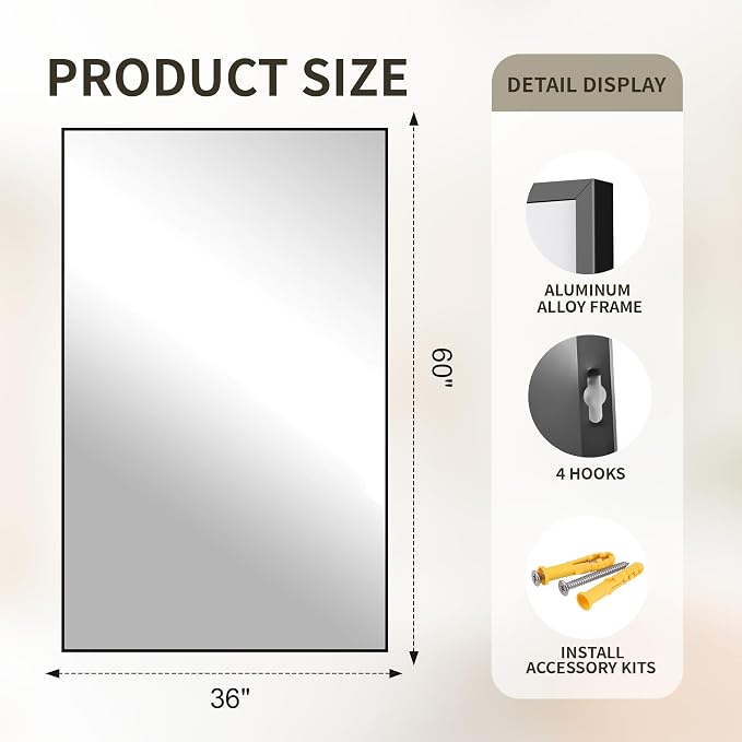 FICTOR Bathroom Vanity Mirror for Over Sink, 60" x 36", Black | Anti-Rust Frame, Shatterproof Tempered Glass, Vertical/Horizontal Wall Mounted Mirror for Bedroom, Entryway, Living Room