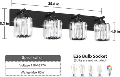 Black Crystal Bathroom Vanity Light, 4-Light Modern Bathroom Lighting Fixtures Over Mirror, Matte Black Wall Sconce Light Fixtures with Round Shade