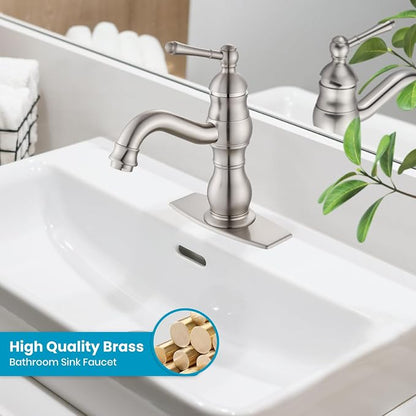 gotonovo Bathroom Faucet 1 Hole Vintage,Brushed Nickel,5.9” Spout Reach | Bathroom Sink Faucet for 1 or 3 Hole Single Handle,Deck Plate,360° Swivel Spout,Pop Up Drain,cUPC Supply Hoses,for Vanity RV