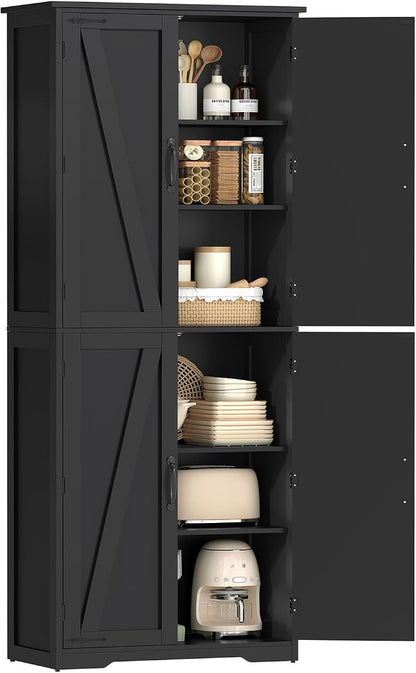 TEENFON Tall Storage Cabinet, Kitchen Cabinet with 4 Shelves, Adjustable Shelves, Pantry Cabinets with 4 Barn Doors, Tall Kitchen Cabinets for Dining Room, Living Room, Black