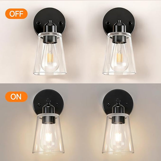 TALOYA 4 Inch Brushed Black Bathroom Light Fixtures with Thickend Clear Tapered Glass Shade, Set of 2 Modern Vanity Light Over Mirror for Bathrooms, Bedrooms (Bulbs Not Included)