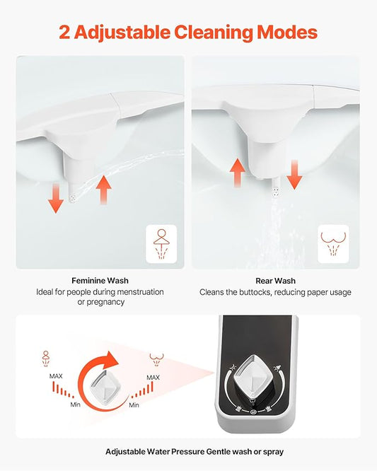 VEVOR Bidet Attachment for Toilet, 0.3" Ultra Thin Bidet Toilet Seat Attachment - Dual Retractable Nozzles, Adjustable Water Pressure, Non-Electric Cold Water Sprayer for Front Rear Water Wash, White