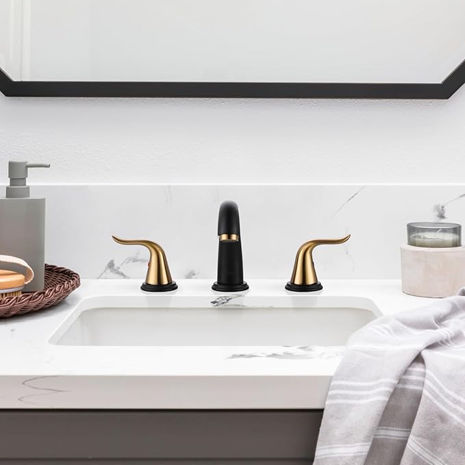 WOWOW Black and Gold Widespread Bathroom Faucet Bathroom Sink Faucet 3 Hole Vanity 2 Handle Basin 8 Inch Mixer Tap with Pop Up Drain and Supply Hose
