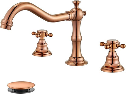 gotonovo 3 Hole Widespread Bathroom Sink Faucet Double Cross Handle Mixer Tap Faucet for Bathroom Sink Vanity Faucet Deck Mount Basin Hot Cold Water Matching Pop Up Drain Rose Gold