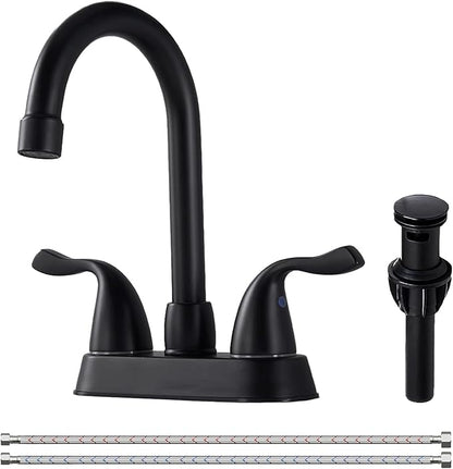 Matte Black 4-Inch Centerset Bathroom Faucet, 2-Handle 3-Hole Sink Faucet with Pop-up Drain & Supply Lines