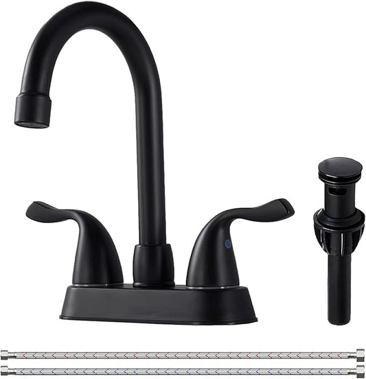 Matte Black 4-Inch Centerset Bathroom Faucet, 2-Handle 3-Hole Sink Faucet with Pop-up Drain & Supply Lines