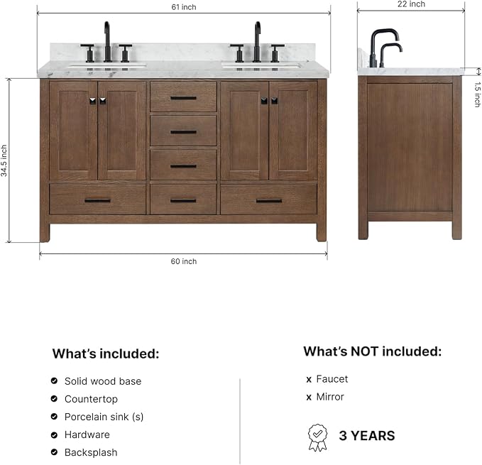 ARIEL Cambridge 60-inch Bathroom Vanity with Sink,Solid Wood, 1.5-inch Italian Carrara Marble Countertop, Double Rectangular Porcelain Sink, 4 Soft Closing Doors, 6 Dovetail Drawers, Brown Oak