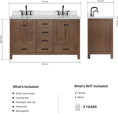 ARIEL Cambridge 60-inch Bathroom Vanity with Sink,Solid Wood, 1.5-inch Italian Carrara Marble Countertop, Double Rectangular Porcelain Sink, 4 Soft Closing Doors, 6 Dovetail Drawers, Brown Oak