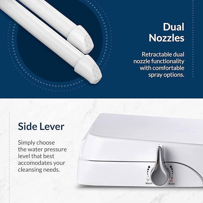 Bio Bidet Slim Zero Non Electric Bidet Toilet Seat Elongated, Low Profile Seat with Slow Close Lid, Battery Powered Night Light, Dual Nozzles, White