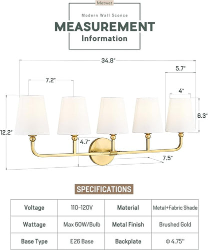 Bathroom Light Fixtures, 5 Light Brushed Gold Vanity Lights with Flared White Fabric Shade, 35 Inch Wall Sconce, Modern Sconces Wall Lighting for Hallway Bedroom, VL837-BG-5