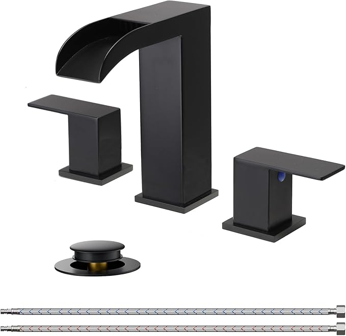 VCCUCINE Matte Black Bathroom Faucets 3 Hole, 8 Inch Widespread Square Waterfall Bathroom Sink Faucet,Black Vanity Bathroom Faucets for Vanity, Restroom, Commercial with Pop Up Drain and Supply Lines