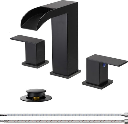 VCCUCINE Matte Black Bathroom Faucets 3 Hole, 8 Inch Widespread Square Waterfall Bathroom Sink Faucet,Black Vanity Bathroom Faucets for Vanity, Restroom, Commercial with Pop Up Drain and Supply Lines