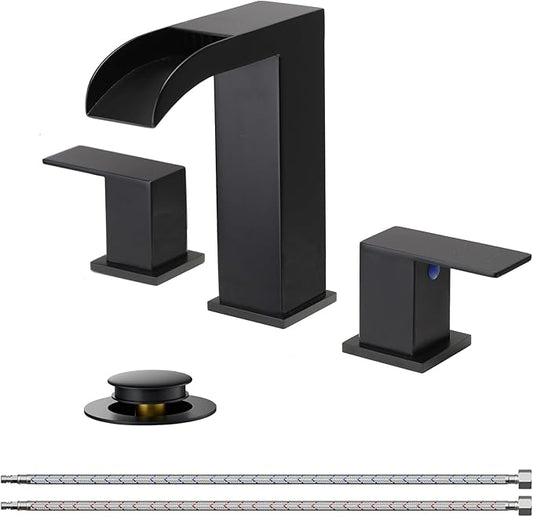 VCCUCINE Matte Black Bathroom Faucets 3 Hole, 8 Inch Widespread Square Waterfall Bathroom Sink Faucet,Black Vanity Bathroom Faucets for Vanity, Restroom, Commercial with Pop Up Drain and Supply Lines