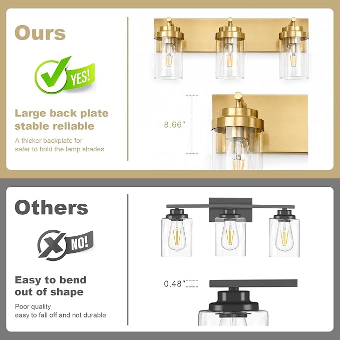 3-Light Bathroom Light Fixtures, Brushed Gold Vanity Lights | Modern Bathroom Lighting Fixtures Over Mirror, Vanity Lights for Bathroom, Mirror, Restroom, Bedroom, E26