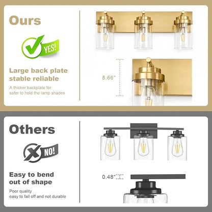 3-Light Bathroom Light Fixtures, Brushed Gold Vanity Lights | Modern Bathroom Lighting Fixtures Over Mirror, Vanity Lights for Bathroom, Mirror, Restroom, Bedroom, E26