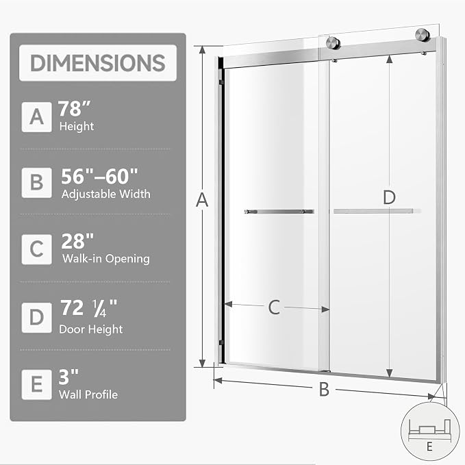 Shower Door Double Sliding Semi-Frameless Shower Door 56-60" W × 78" H Sliding Shower Door, 3/8" (10mm) Thick Tempered Clear Glass with Explosion-Proof Film, Bathroom Glass Door, Brushed Nickel