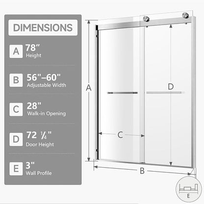Shower Door Double Sliding Semi-Frameless Shower Door 56-60" W × 78" H Sliding Shower Door, 3/8" (10mm) Thick Tempered Clear Glass with Explosion-Proof Film, Bathroom Glass Door, Brushed Nickel