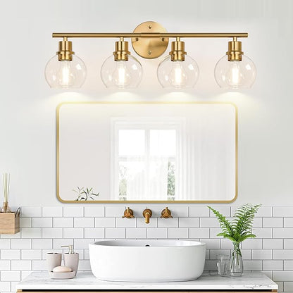 4-Light Bathroom Light Fixtures,Gold Modern Vanity Lights Over Mirror with Clear Glass Globe Shade, Bathroom Wall Sconces for Mirror Kitchen Living Room Hallway Cabinet Bedroom Porch