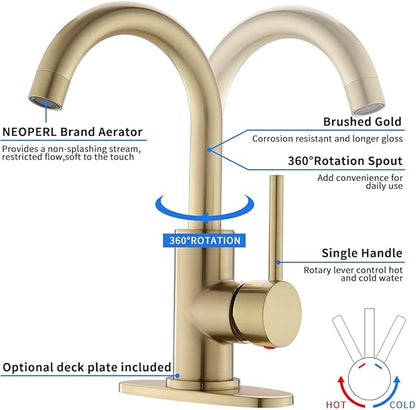Single Handle Bathroom Sink Faucet 360° Swivel Spout Vanity Faucets with Deck Plate 4 Inch Centerset Gold Bathroom Faucets Brushed Gold Restroom Lavatory Faucet Durable & Safety